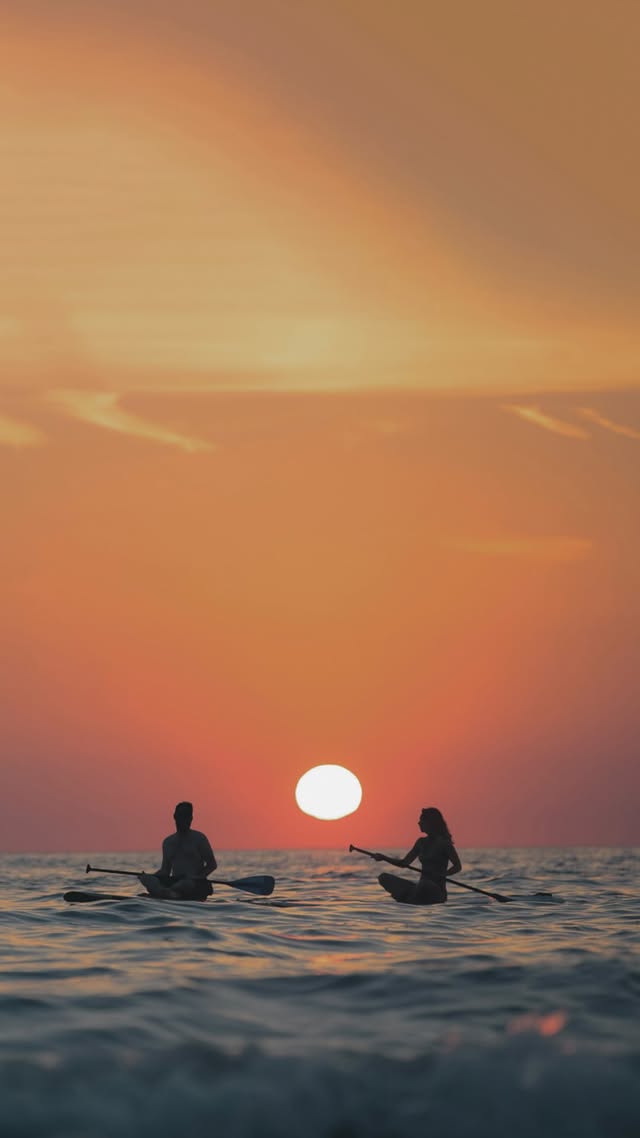 A couple paddleboarding at sunset